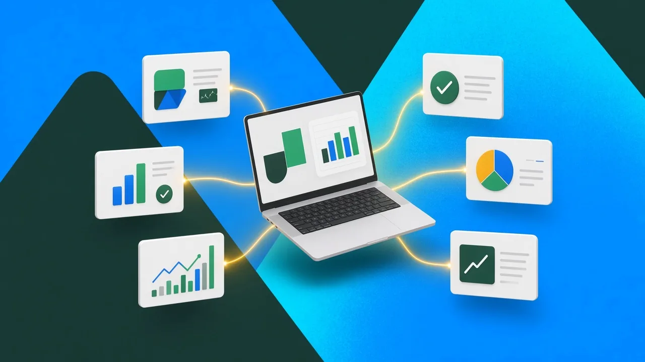 Laptop ist mit abstrahierten Finanzportal- und Performance-Karten vernetzt