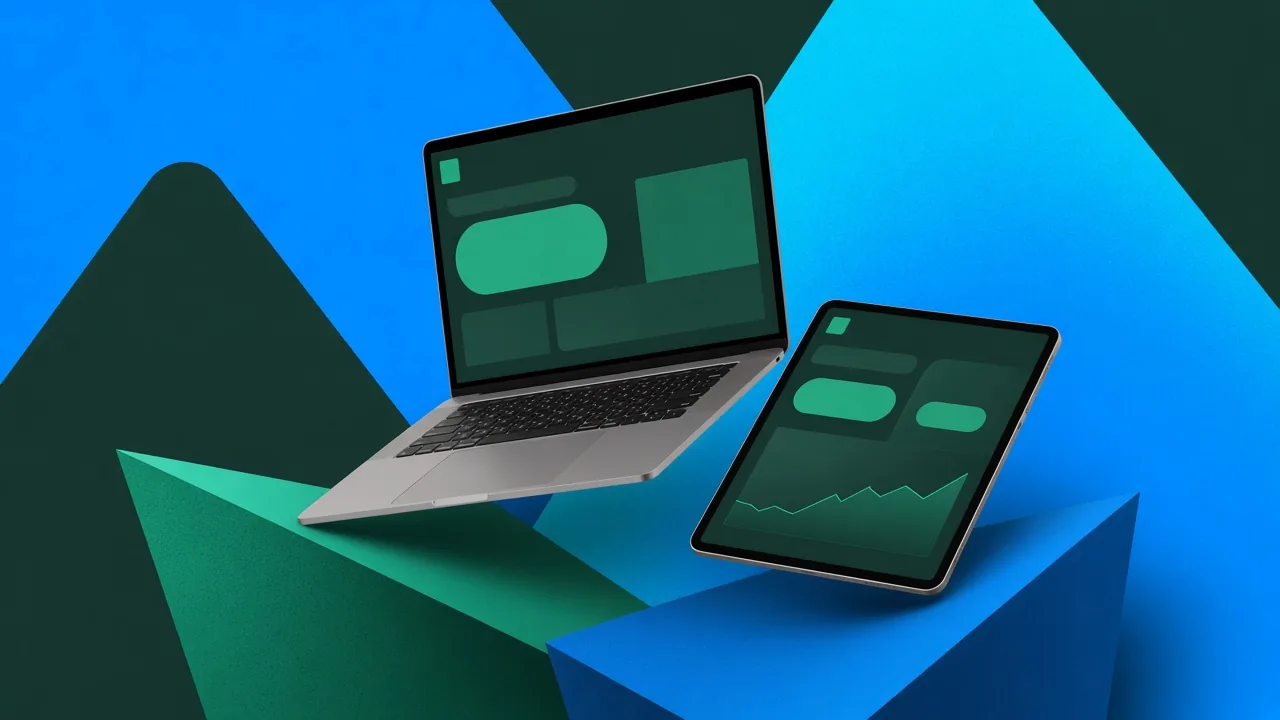 Laptop und Tablet mit abstrakten Finanzprodukt-Oberflächen auf geometrischen blau-grünen Flächen