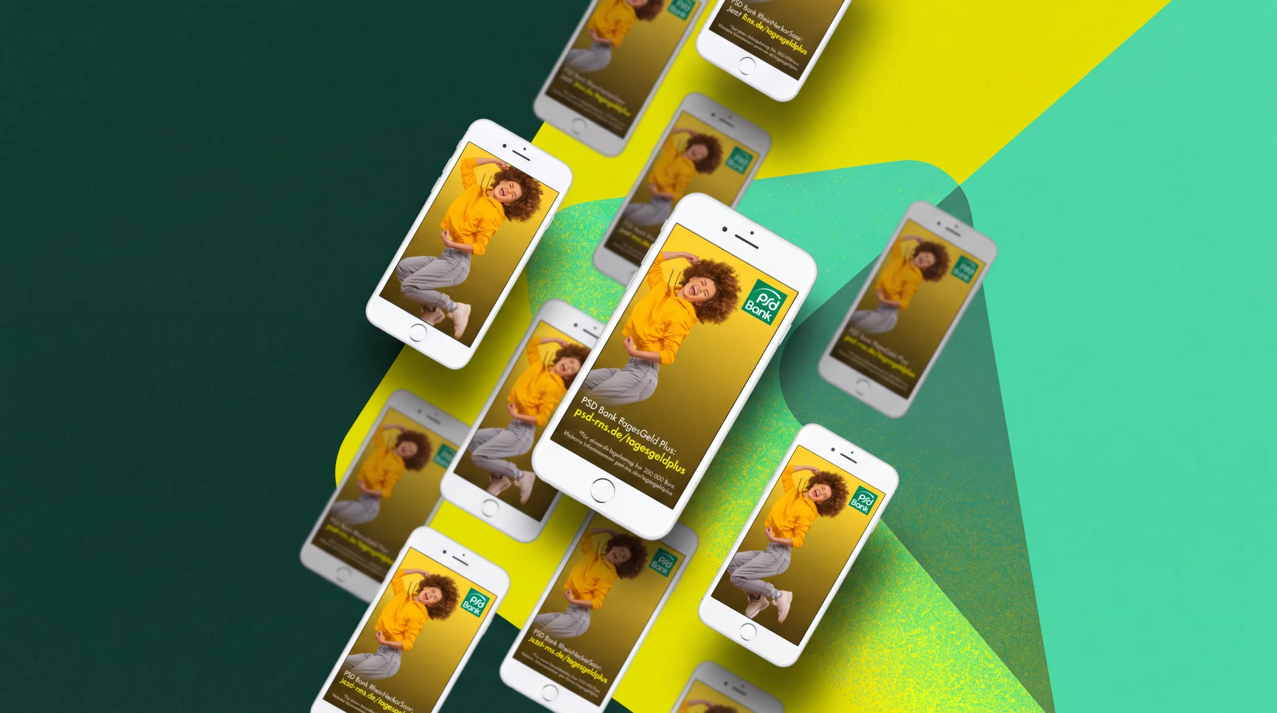 Mehrere Smartphones mit dem gelben PSD-Bank-Tagesgeld-Motiv vor geometrischen grün-gelben Flächen